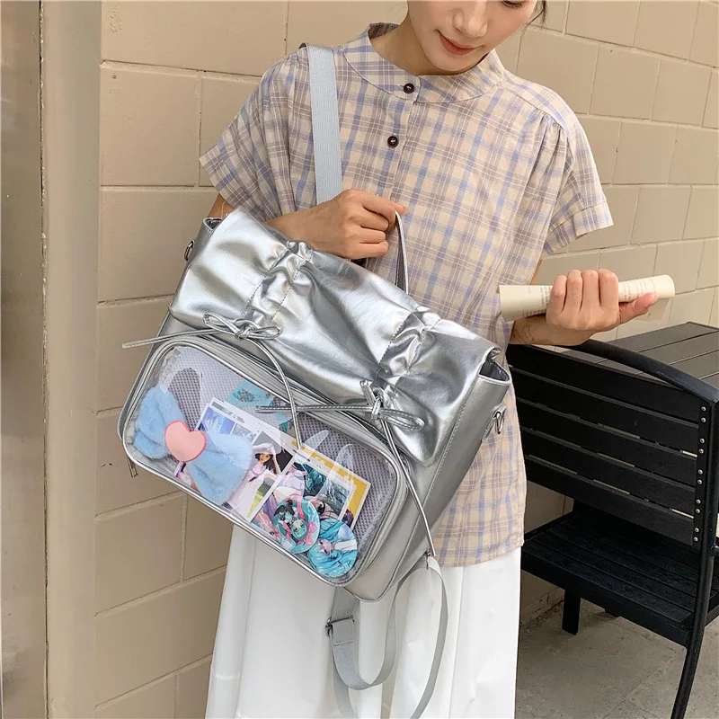 Girls Fashion Kawaii PU Leather Clear Window Ita Crossbody Shoulder Bag Women Top Handle Handbag Purse Backpack Large Capacity