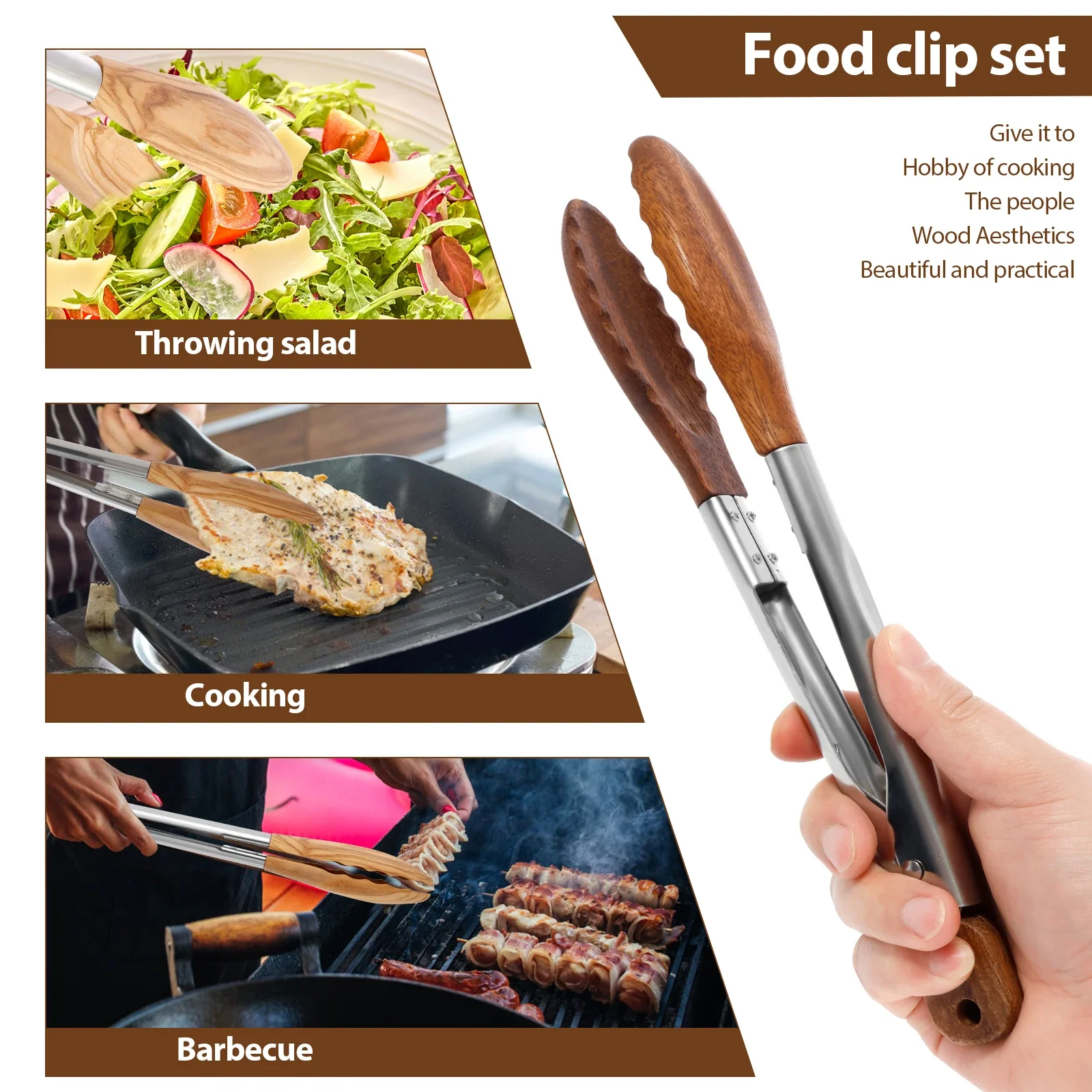 2Pcs Wood Food Tongs Rustproof Salad Tongs with Wood Tips Locking Storage Wood Serving Tongs for Flipping Cooking Grilling