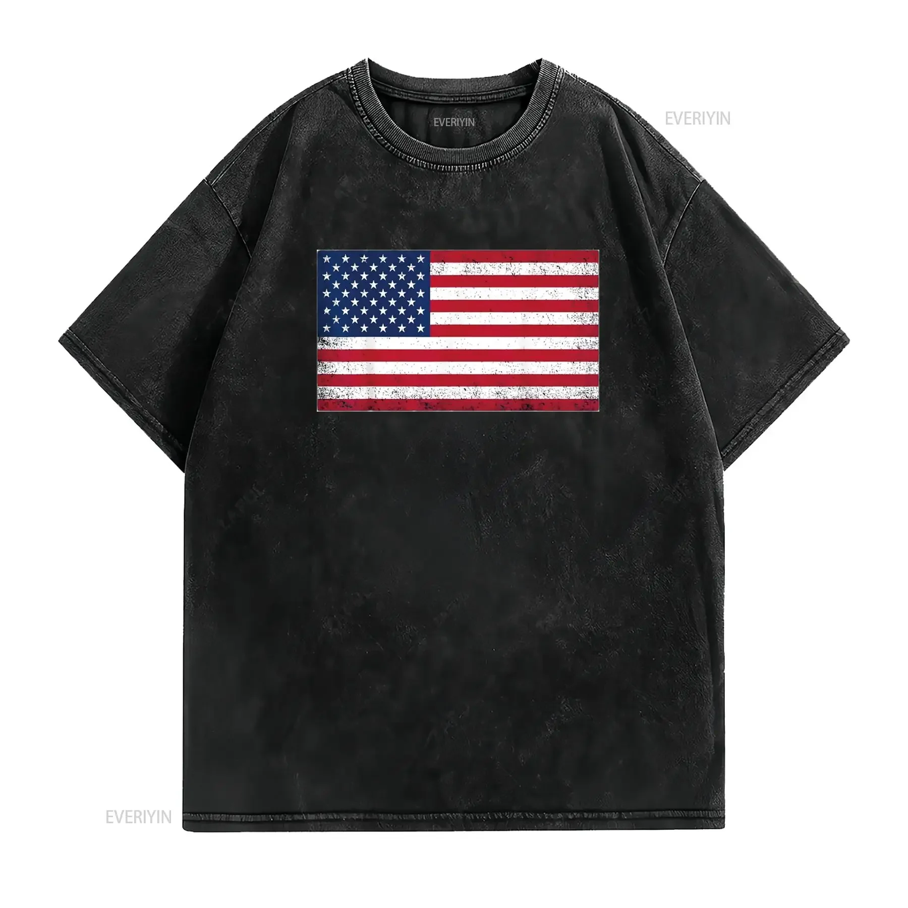 Mens Usa Flag T Shirt Black 3X Large vintage Washed graphic homme Stretched Versatile Breathable fashion streetwear