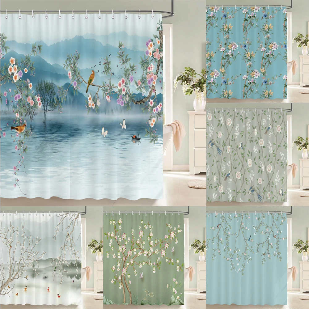 

Chinese-style Floral Shower Curtain Watercolor Botanical Tropical Palm Leaf Butterfly Modern Polyester Bathroom Decor Curtains