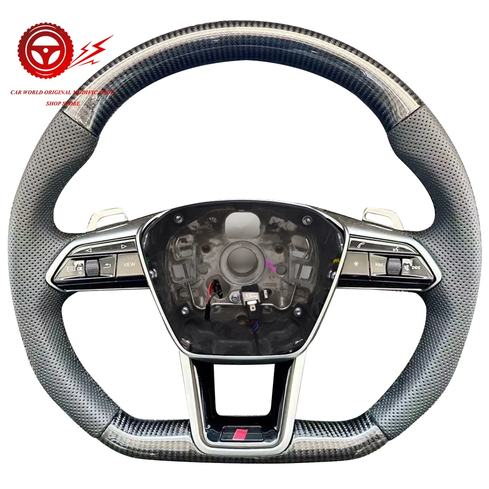 For Audi A6 C8 Carbon Fiber Semi Perforated Leather Flat Bottomed Sports Steering Wheel Whit Heating