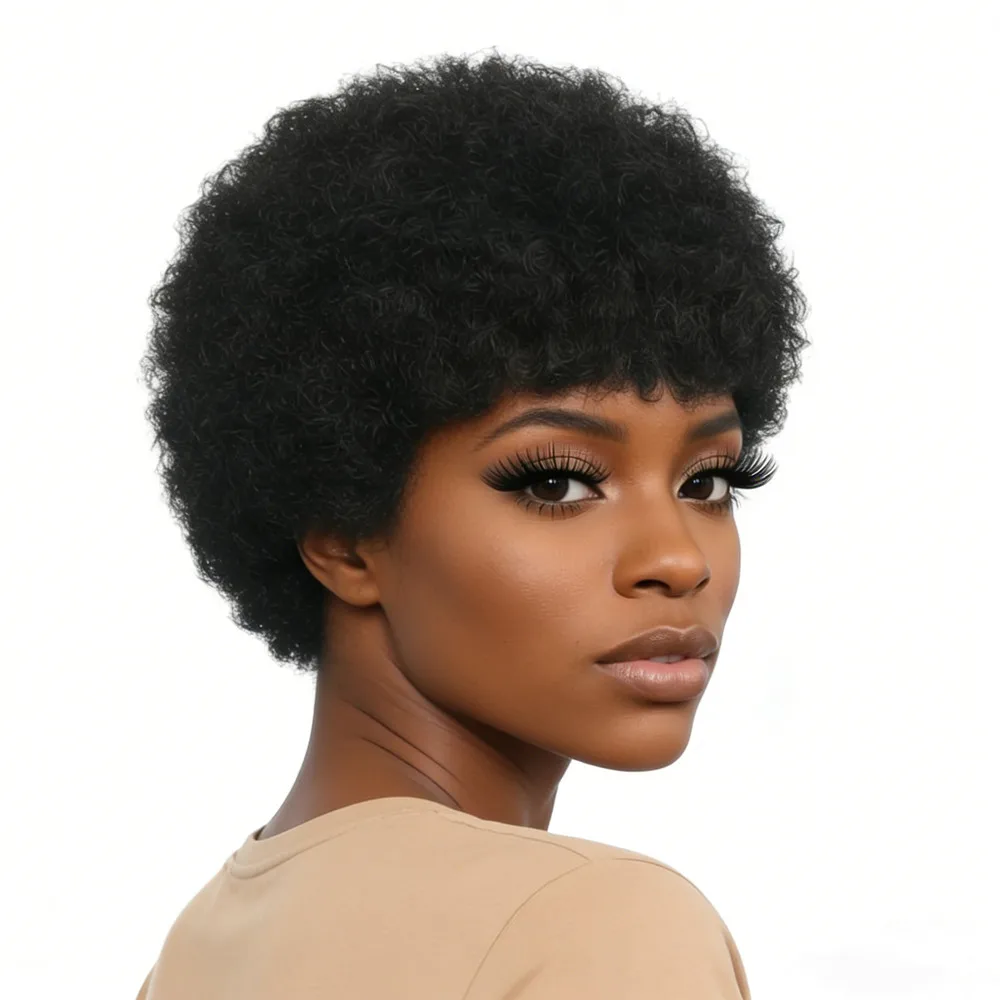 

Короткий парик-пикси натурального черного цвета для женщин, парик из натуральных волос, парик с стрижкой пикси, машинной работы, афро-кудрявый, для повседневного использования и вечеринок.