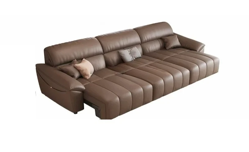 

Кожаный многофункциональный электрический выдвижной диван-кровать двойного назначения, регулируемый прямой ряд, небольшая квартира для трех человек