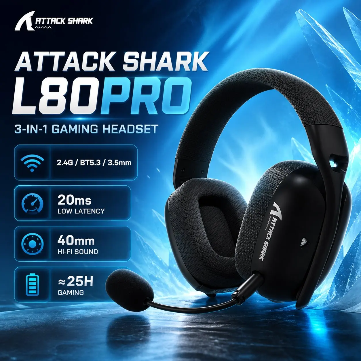 ATTACK SHARK L80Pro Gaming Headset, Bluetooth 5.3 2.4GHz Wireless & 3.5mm Wired, 40mm Drivers, Dual Microphones, 300mAh Battery