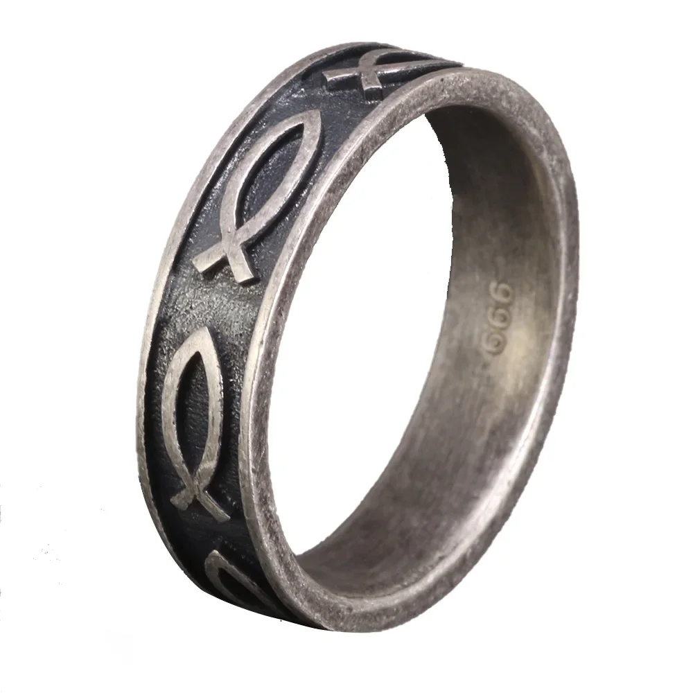 100% Real 999 Sterling Silver Jesus Fish Ring For Men Women 7 Fishes Antique Processing Ichthys Ichtus Christian Jewelry