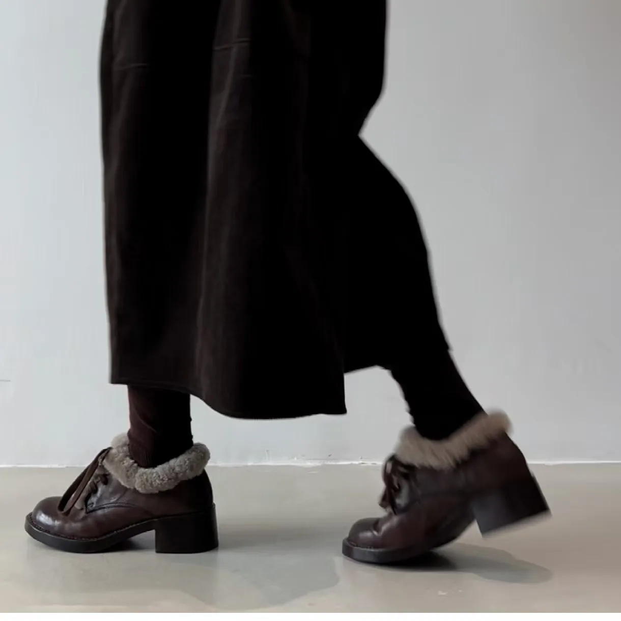 

Women Heeled Fur Shoes Short Plush Loafers Shoes Chunky Leather Shoes 2025 Winter Retro Warm now Boot Casual Mujer De Zapatos