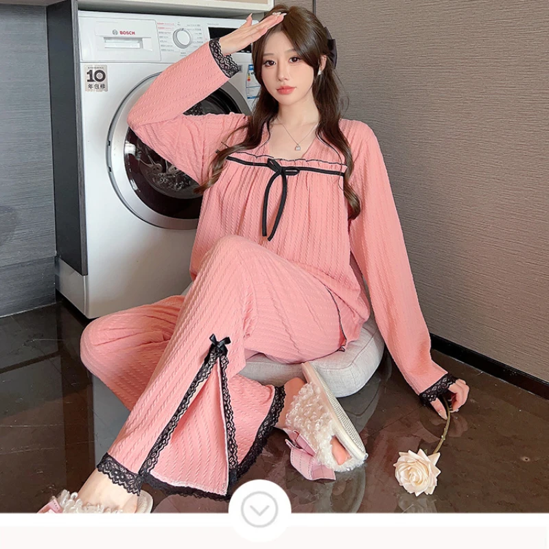 M-5XL PLUS ขนาดฤดูใบไม้ผลิฤดูใบไม้ร่วงชุดนอนชุดสตรีผ้าฝ้ายแขนยาว 2 ชิ้นชุด Elegance Bra ฟรีหลวม Homewear ชุด