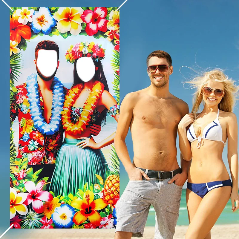 

1Pc Hawaiian Couple Face-in-Hole Photo Banner Polyester Tropical Luau Beach Party Backdrop Summer Photo Booth Props Decor