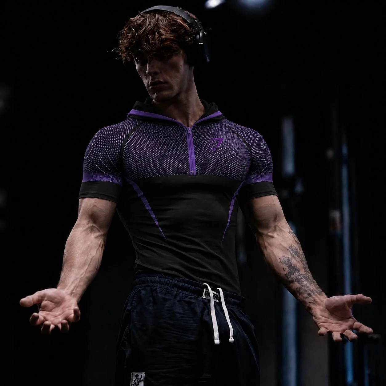 GYMSHARK ONYX 5.0 hooded short sleeved men's fitness suit, sports running strength training T-shirt, tight fitting top with cap