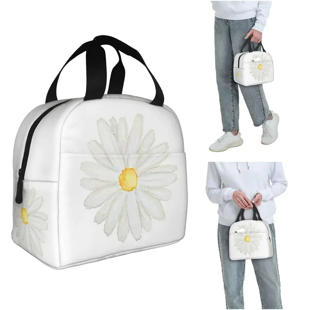 Hand Painted One Little White Daisy Watercolor Insulated Lunch Bag for Women Kids Portable Food Boxes Thermal Lunch Box Tote