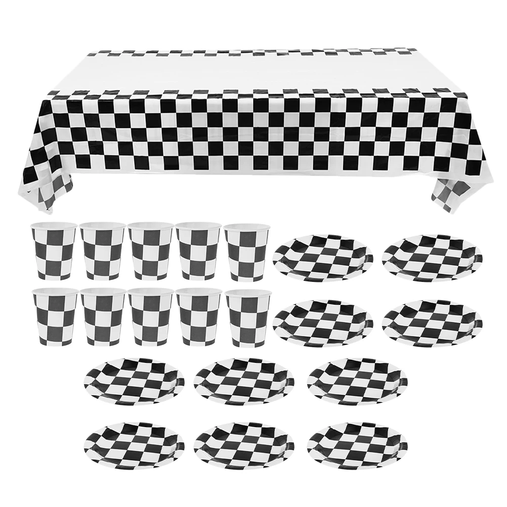 

Racing Tablecloth Set Checkerboard Theme Disposable Paper Plates Cups Party Supplies Car Decorations Kitchen Barware
