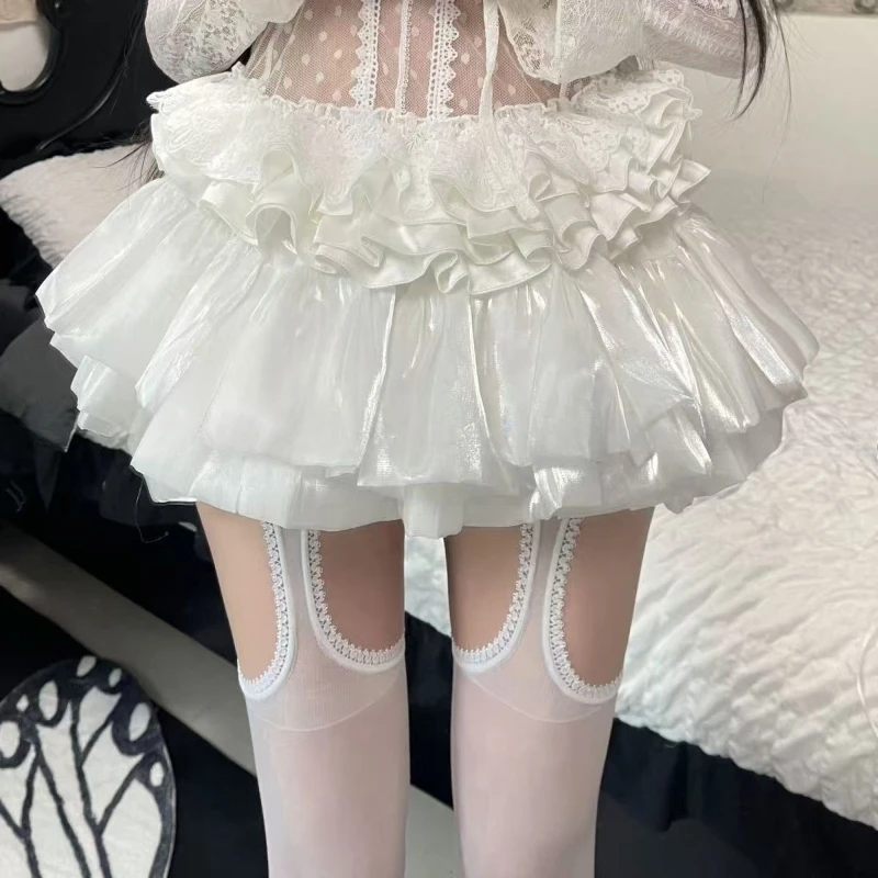 

Fashion Elastic Waist Black White Pink Lolita Short Skirt Elegant Women's Hot Girl Sweet High-waisted A-line Ruffle Cake Skirts
