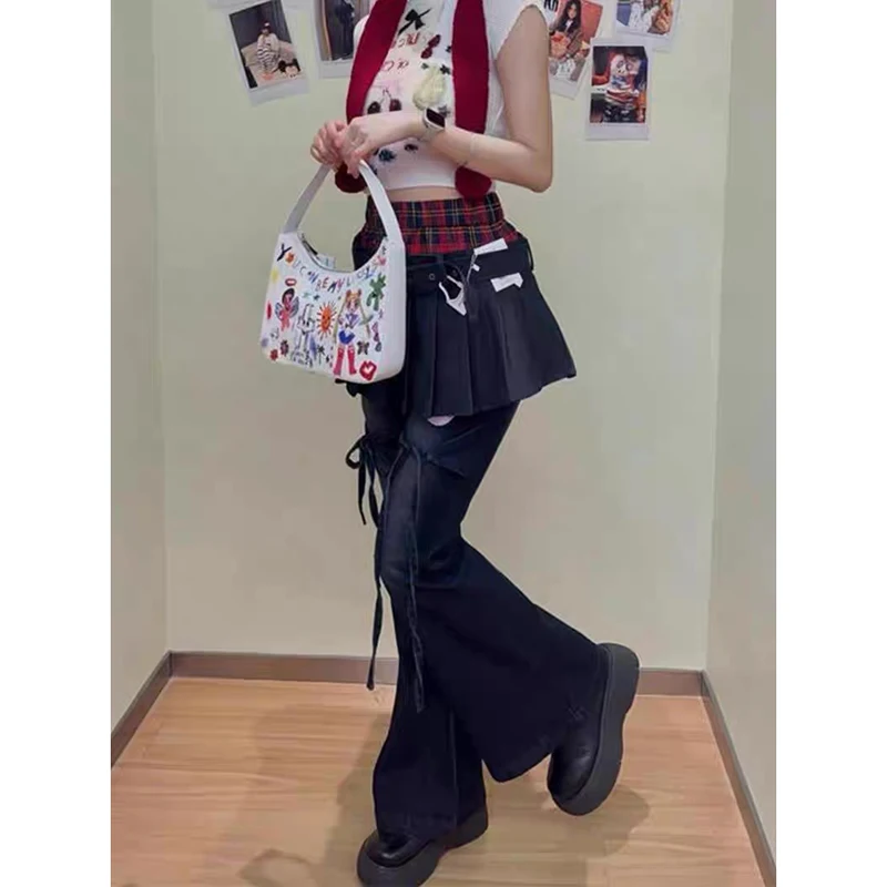 이바슈 가을 여성 데님 팬츠 슬림 플레어 진 페이크 투피스 벨 바텀 진 아비 Y2K 다크 아카데미아 스키니 사이버 펑크