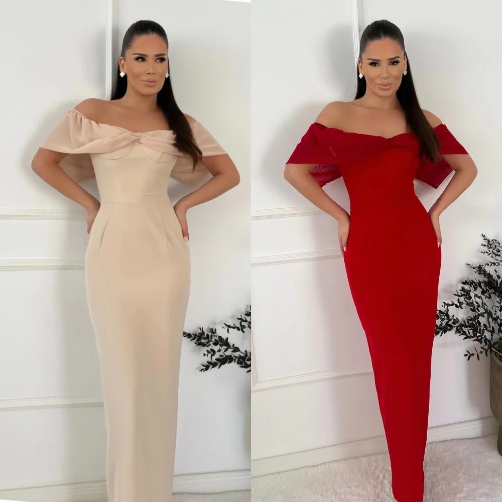 

Customized Sparkle High Quality Exquisite Jersey Pleat Ruched Cocktail Party Sheath Off-the-shoulder Bespoke Occasion Gown Long