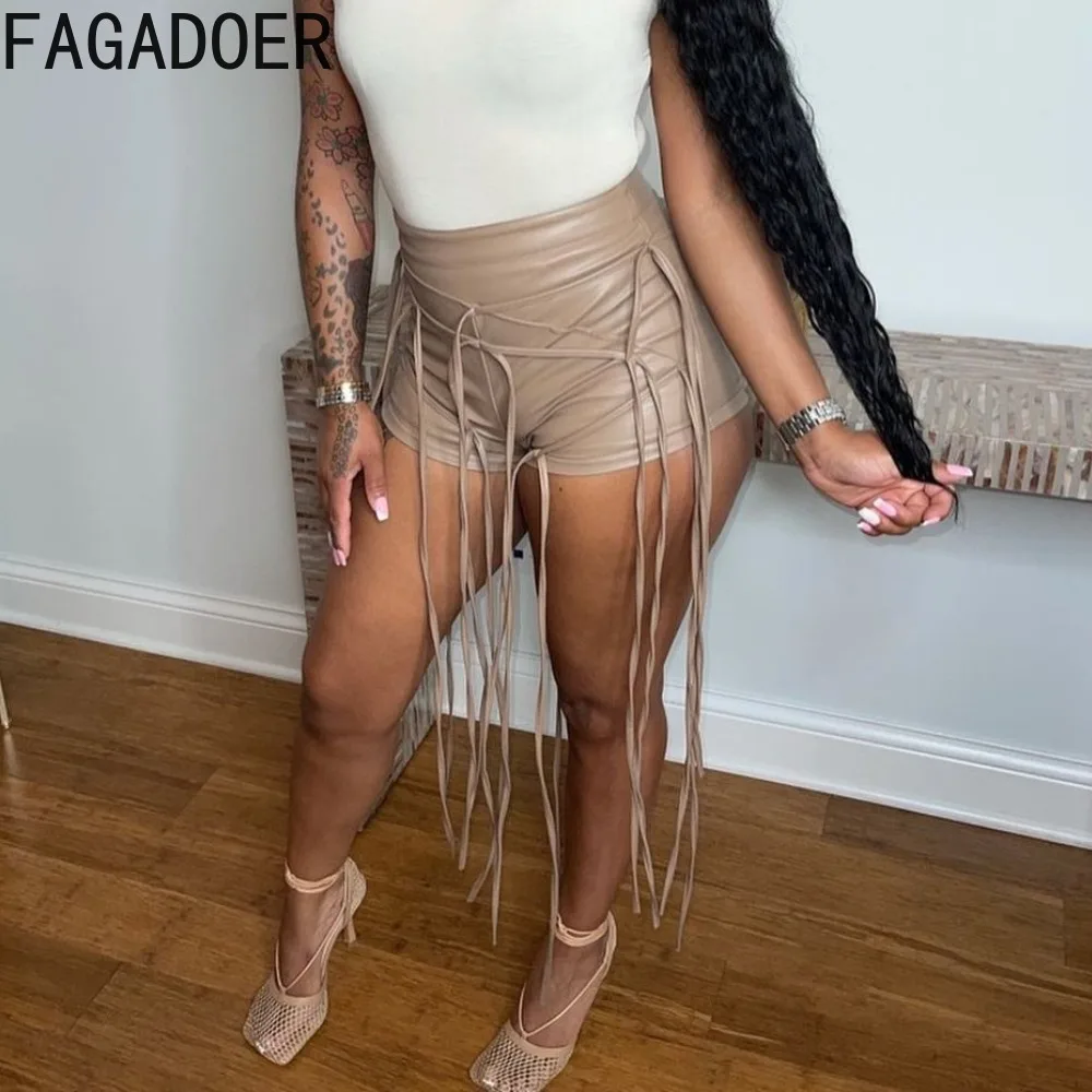 

FAGADOER Fashion PU Leather Tassels Shorts Women High Waisted Skinny Shorts Sexy Female Soild Color Party Club Clothing Bottoms