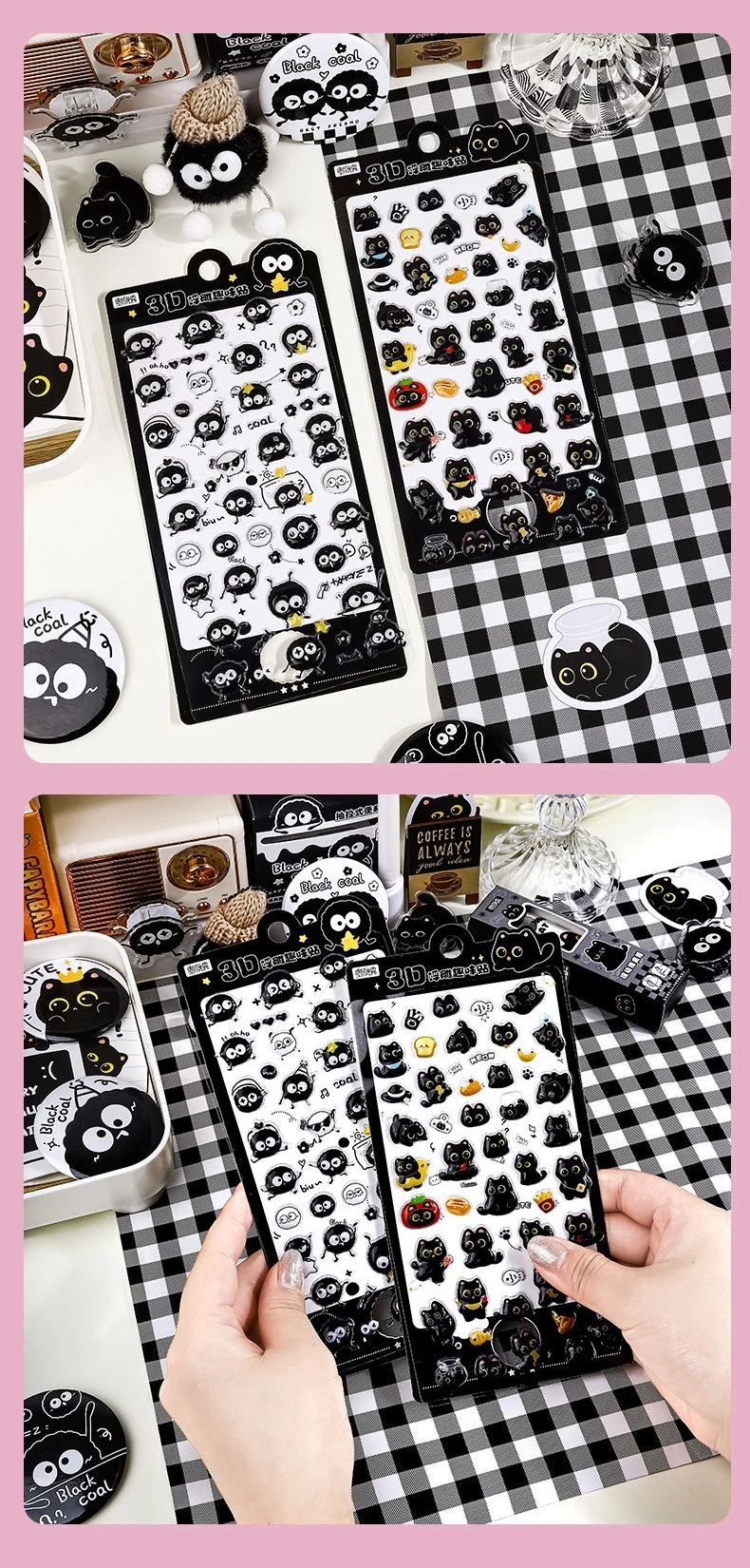 2sheets Cartoon Three-dimensional Floating Fun Stickers Black Cat Cute Embossed Mobile Phone Scrapbook Stickers