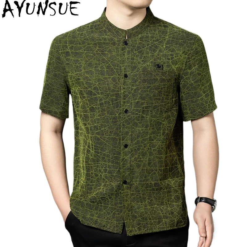 

AYUNSUE 100% Natural Mulberry Silk Shirts for Men Summer 2026 Luxury Watered Gauze Shirt Short Sleeve Shirts Reversible Tops