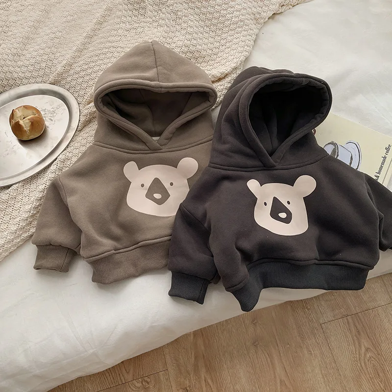 

2025 Winter New Baby Fleece Hooded Sweatshirt Infant Boy Cute Bear Casual Pullover Plus Velvet Thick Toddler Cotton Warm Tops