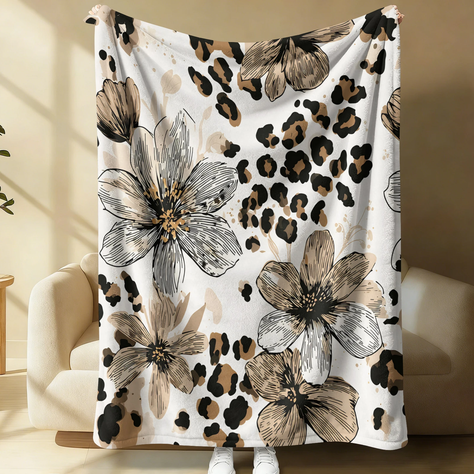 Sepia Ink Line Large Flower Leopard Spots Full Print Throw Blanket Off White Background Chic Neutral Vintage Lightweight Blanket
