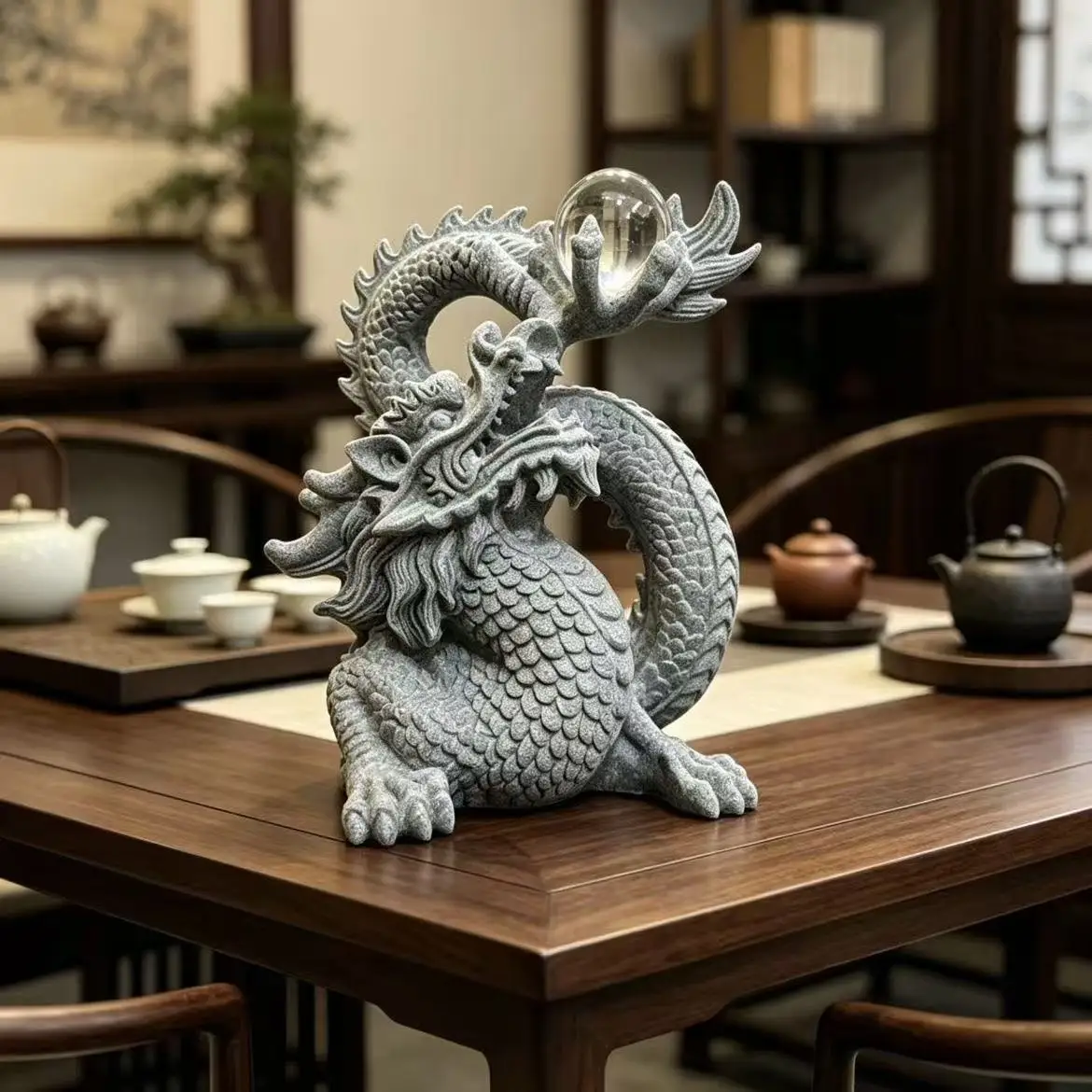 Feng Shui Chinese Dragon Statue , Sandstone Loong Figurine for Home Office Aquarium Decor, Wealth Prosperity Ornament