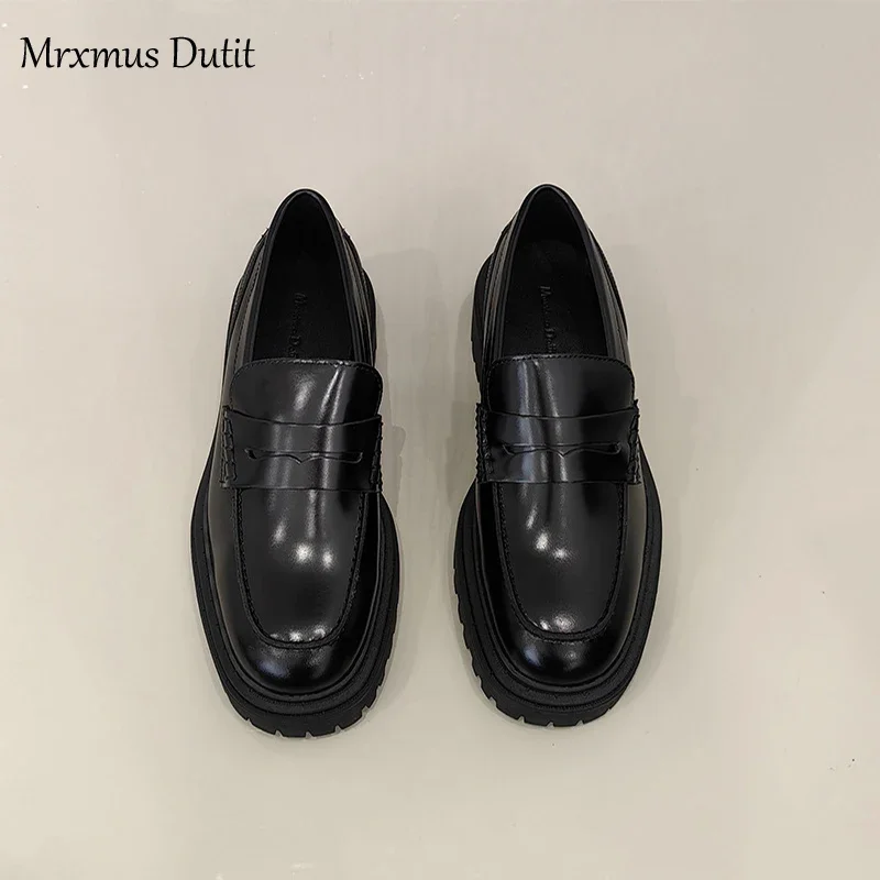 Mrxmus Dutit 2024 New Women Genuine Leather Round Head Thick Loafer Shallow Black Wild Casual Simple Slip-on Shoes Female Chic