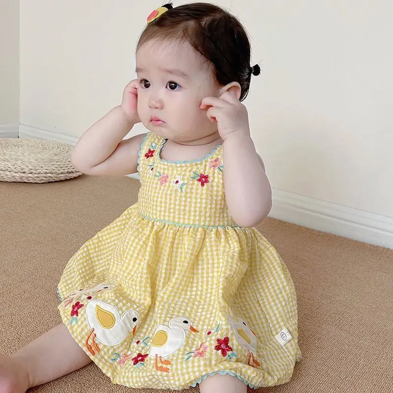 Summer Fashion Children Sleeveless O Neck Embroidery Duck Princess Dress For Baby Girls Birthday Party Casual Holiday Skirts