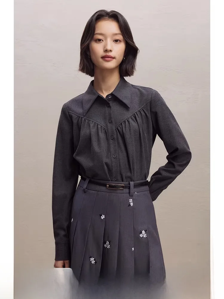 

Women's Vintage Pleated irt Casual Layering Versatile Top Self-Crt Polyester Blend Long Sve Straight Cut Commute Sle