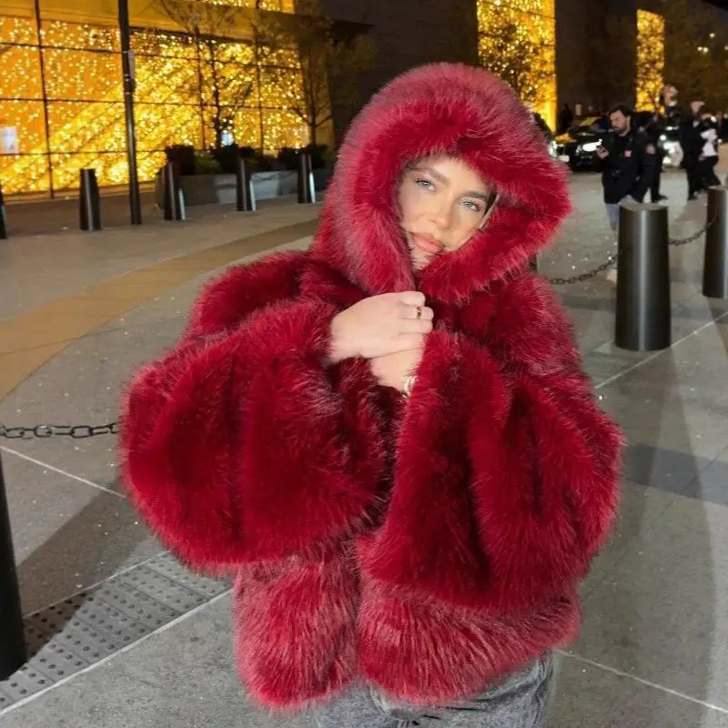 Autumn Winter  Fur Coat Women's ort Artificial Hair Angora Red Hooded Sle Cross-Border New Arrival Faionable