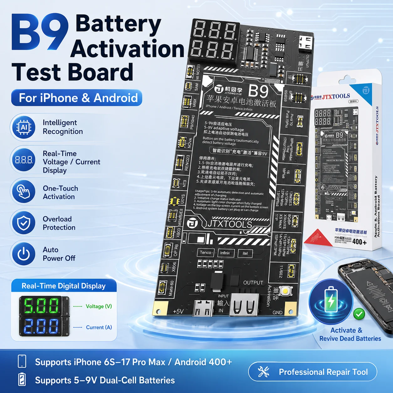 JTX B9 Dual Cell Battery Activation Board for iPhone 6S-17PM Android 400+ Type-C USB Interface IC Battery Repair Tester Tool Kit