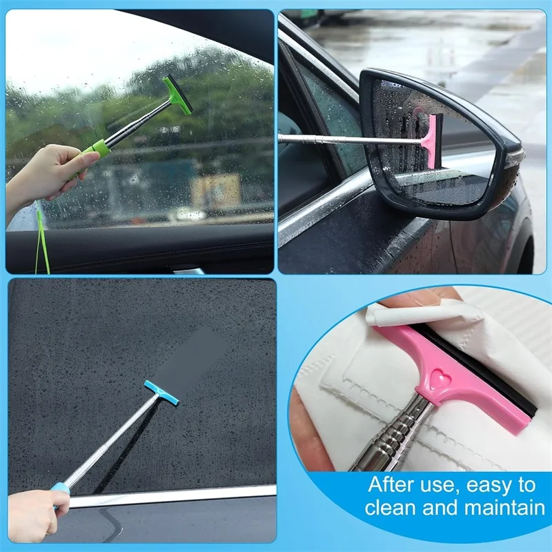 Car Side Mirror Squeegee Rearview Mirror Wiper with Telescopic Long Handle Auto Window Clean Brush Portable Glass Cleaning Tool