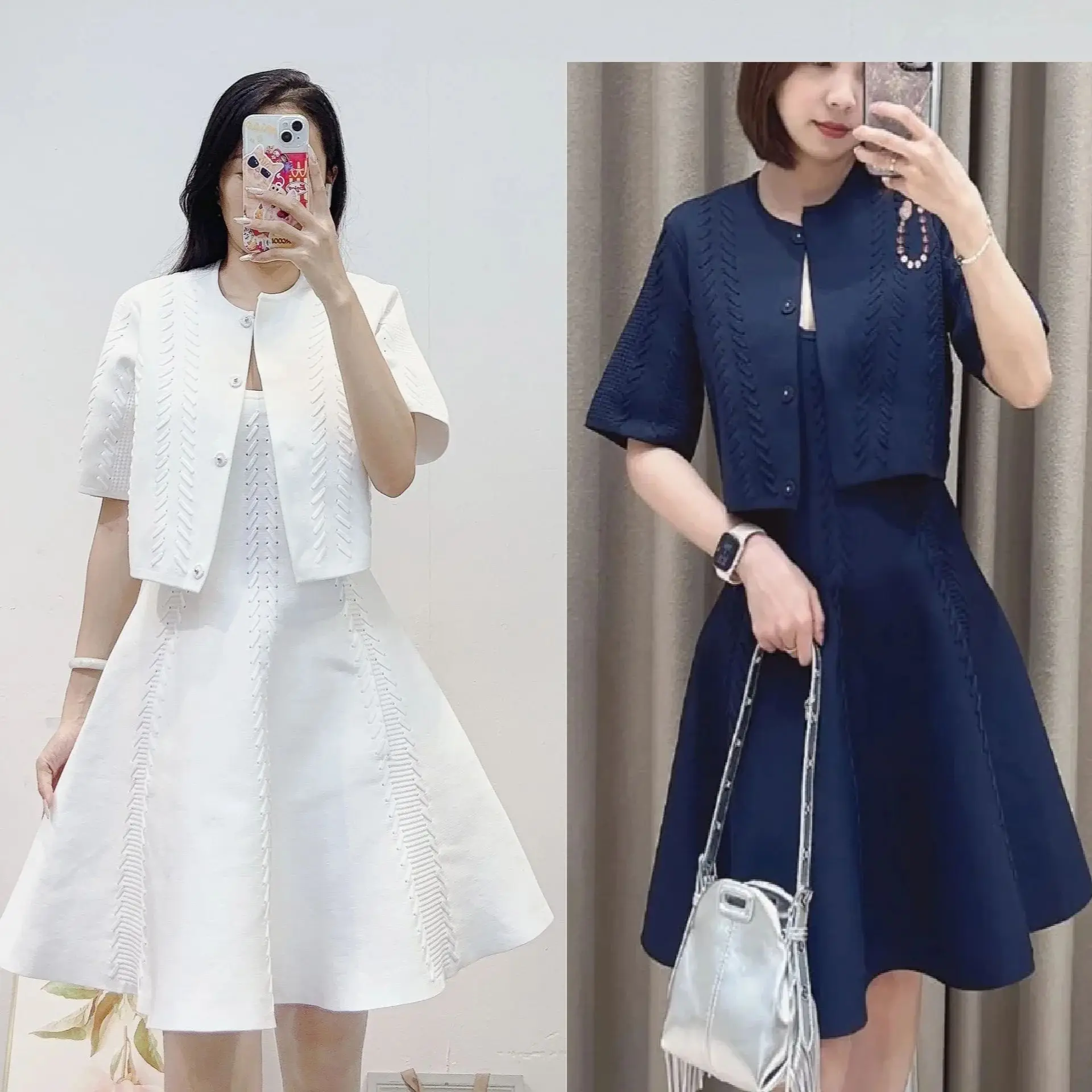 CHUJIE 2025, Sommer-Strickset im französischen Stil mit Schnürung – ärmelloses Westenkleid und Strickjacke mit Knöpfen, Viskose-Nylon-Mischung – MJ