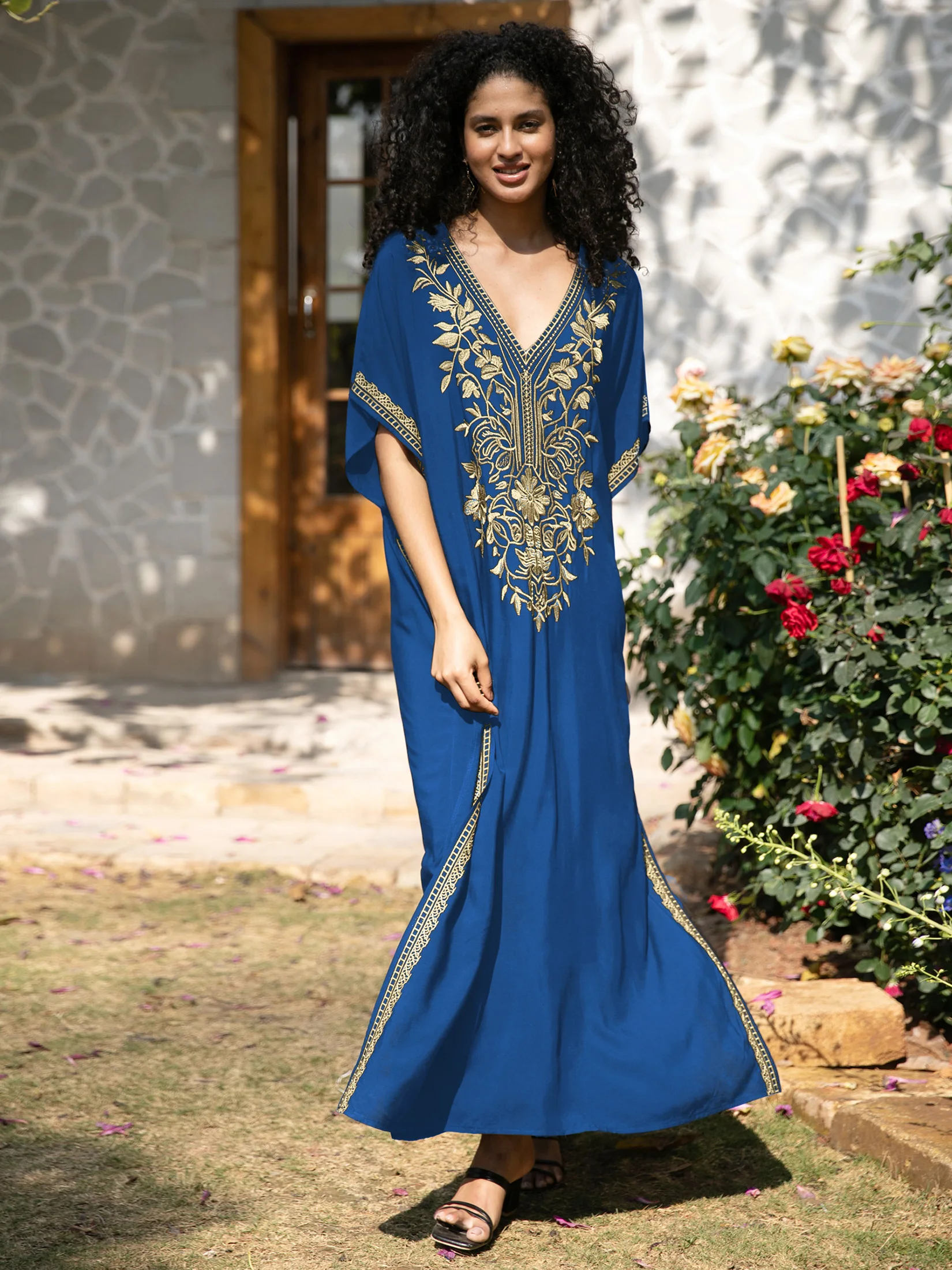 2024 Women Dress V-neck Embroidered Clothing Summer Beach Kaftan Casual Short Sleeve Loungewear Loose Maxi Dresses Q1642
