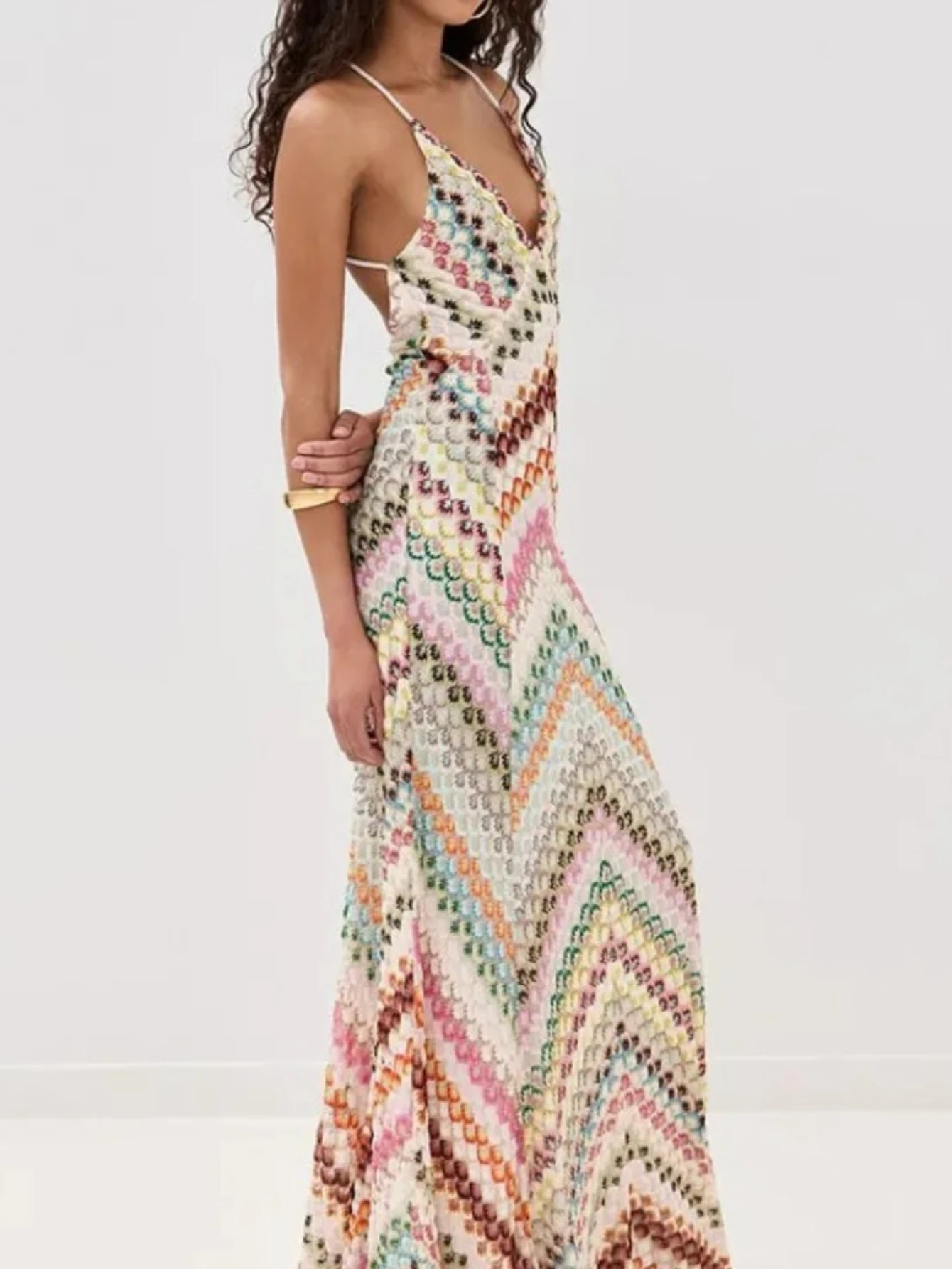 

Sexy Crochet V Neck Halter Maxi Dress Women Sleeveless Backless Slim Knitted Long Dress