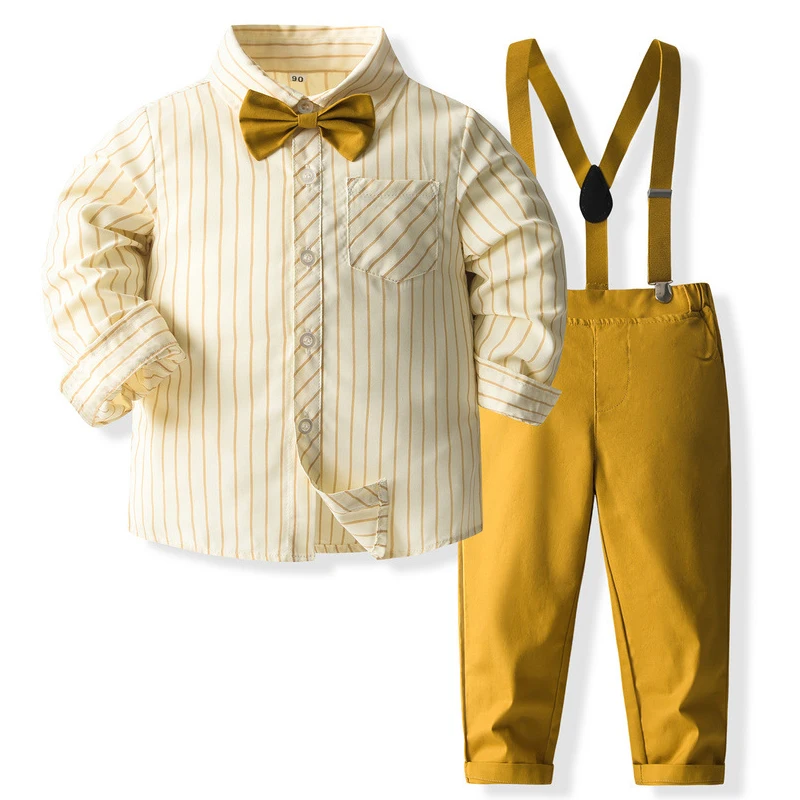 Spring Autumn Kids Clothes Boys Fashion Gentleman Stripe Cotton Long Sleeve Baby Tops+Pants+Straps+Tie Children\'s Sets BC1486-1