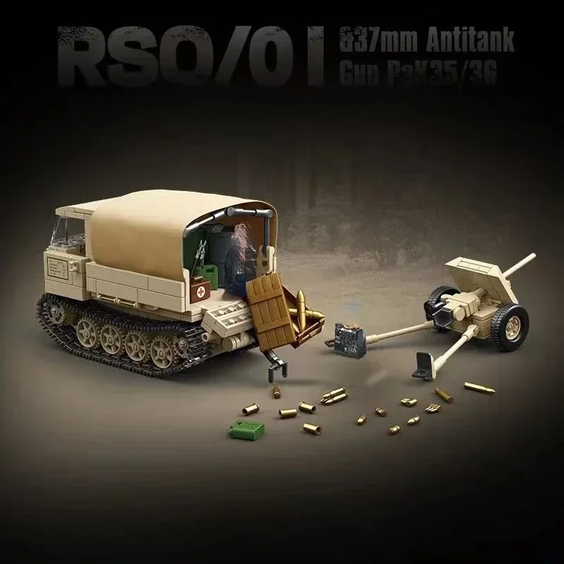 Militar segunda guerra mundial ros/01 trator antitanque arma bloco de construção brinquedo coleção modelo crianças para presentes natal e aniversário
