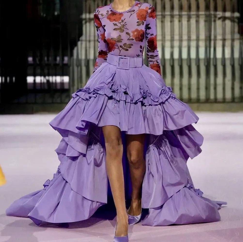 

Purple Satin High Low Women Skirts Pleats Ruffles A Line Puffy Office Lady Evening Party Skirts Without Sash