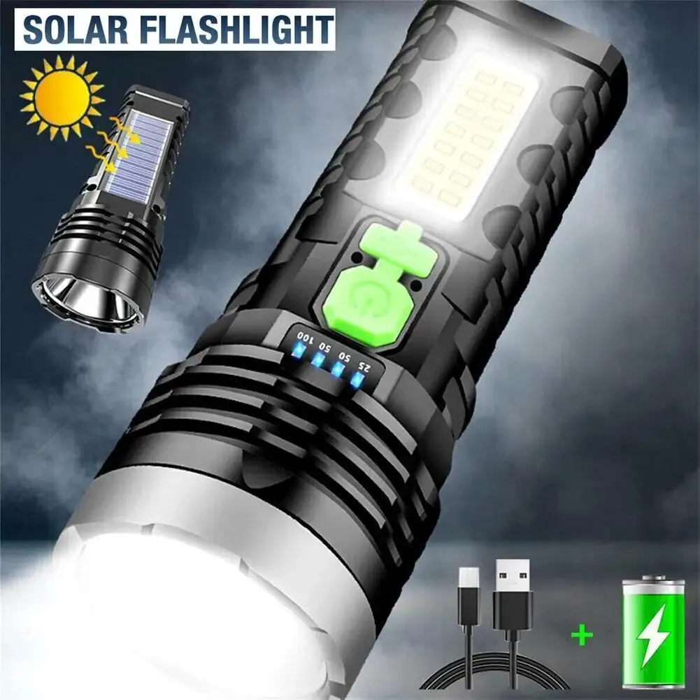 Led Flashlight 4 Modes Built-in Battery Usb Solar Rechargeable Torch With Side Light Outdoor Lighting Camping Fishing Lights