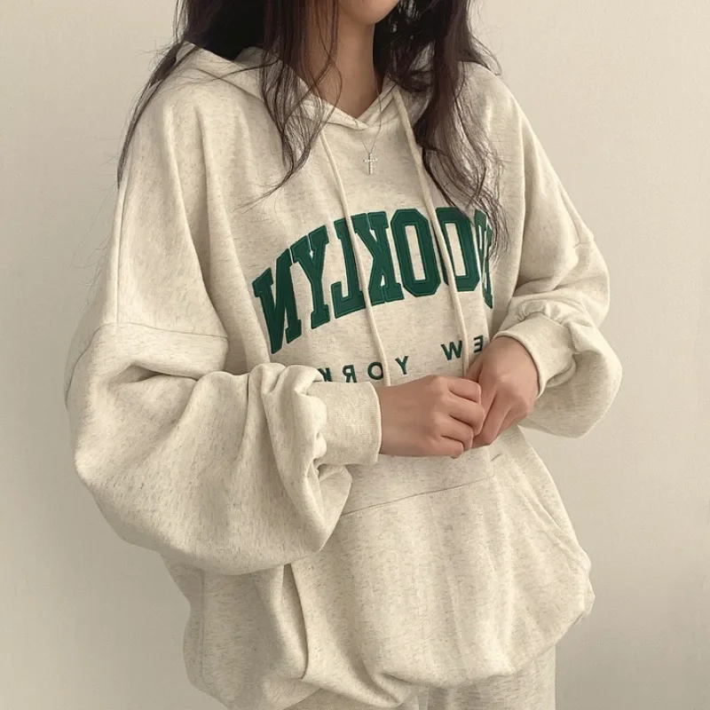 BROOKLYN Letter Print Hoodies Women Retro Chic Long Sleeve Loose Pullovers 2024 Harajuku Casual Hooded Sweatshirt Y2K Streetwear