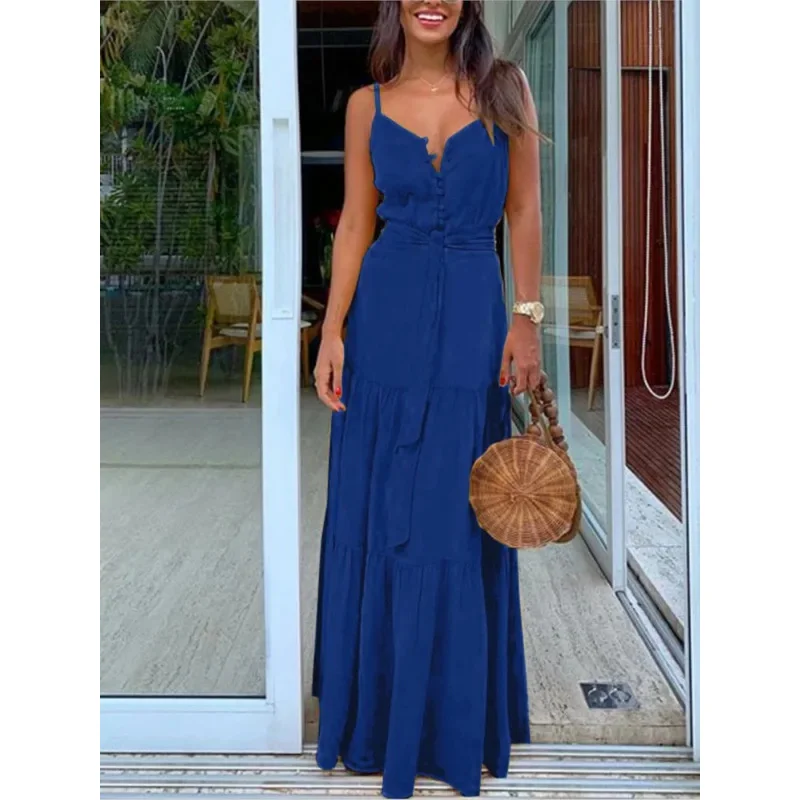 2025 신사 숙녀 패션 v 넥 스파게티 스트랩 드레스 여성 여름 Boho 민소매 우아한 레이디 캐주얼 Maxi BeBear House 002
