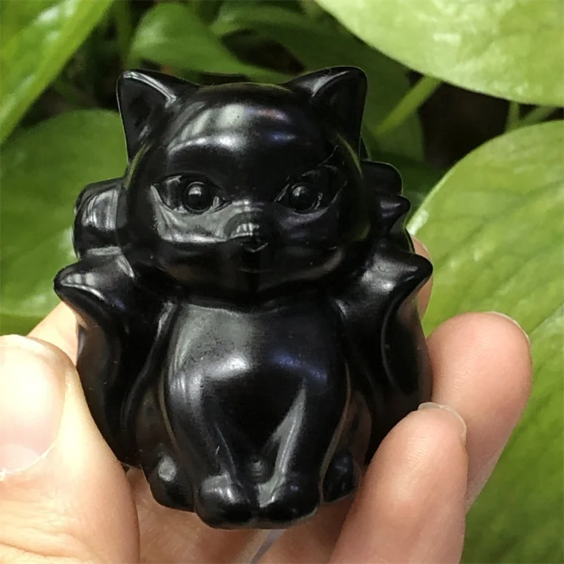 

Natural Black Obsidian Fox Fairy Carving Animals Statue Chakra Healing Fengshui For Home Decoration Gift 1pcs