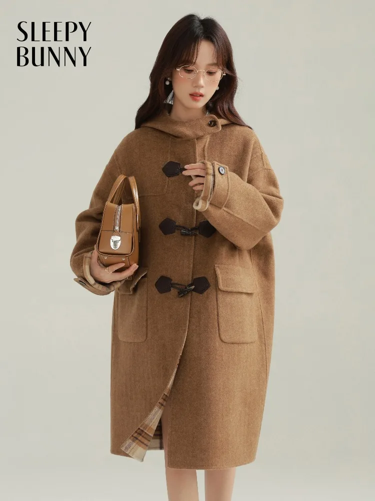 

Elegant Wool Duffle Coat Vintage Double-Faced Woolen Jacket Preppy Warm Loose Hooded Outerwear for Women Winter Fashion Style