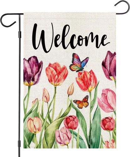 Spring Welcome Tulip Garden Flag 12X18 Inch Double Sided Outside, Small Burlap F HHJ LLG