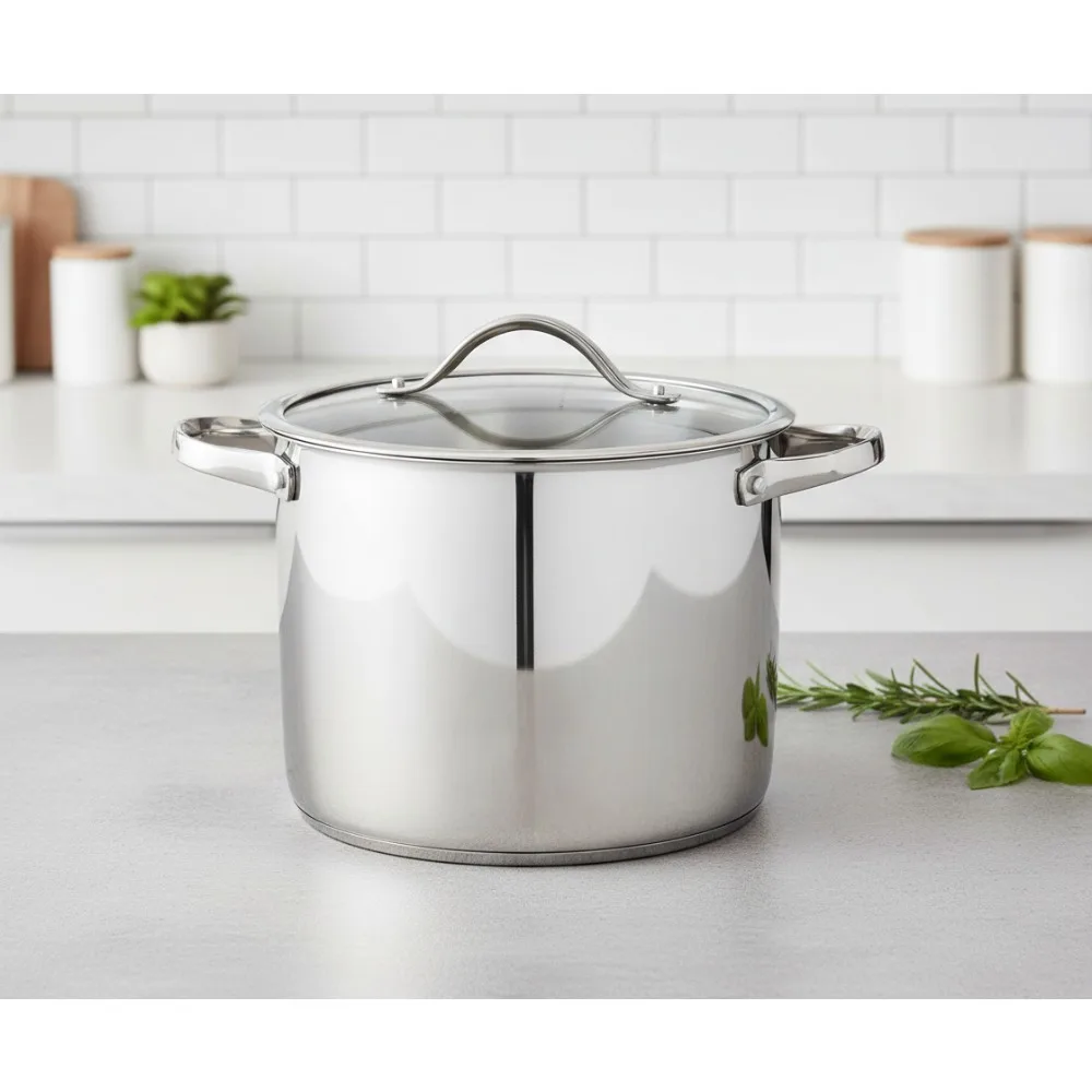 

Premium 8-Quart Stainless Steel Stock Pot with Glass Lid - Induction Ready, Oven & Dishwasher Safe for Family Cooking