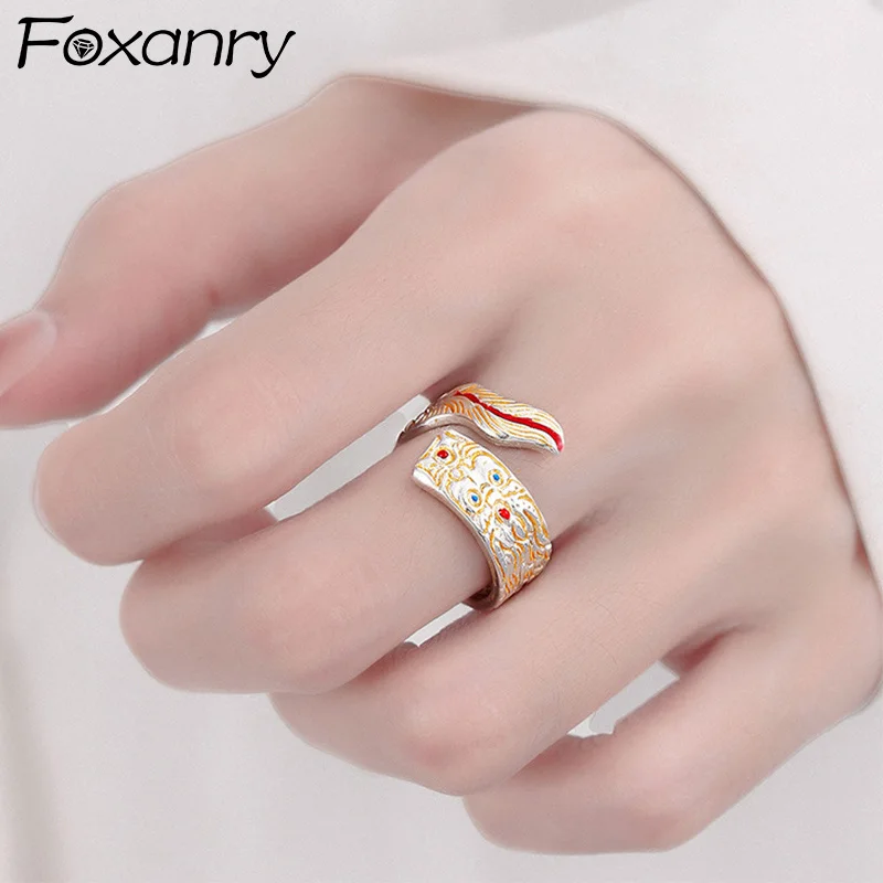 Foxanry Dragon Pattern Drop Glaze Cuff Rings For Women Couples Creative Design Exquisite Elegant Good Luck Birthday Jewelry Gift