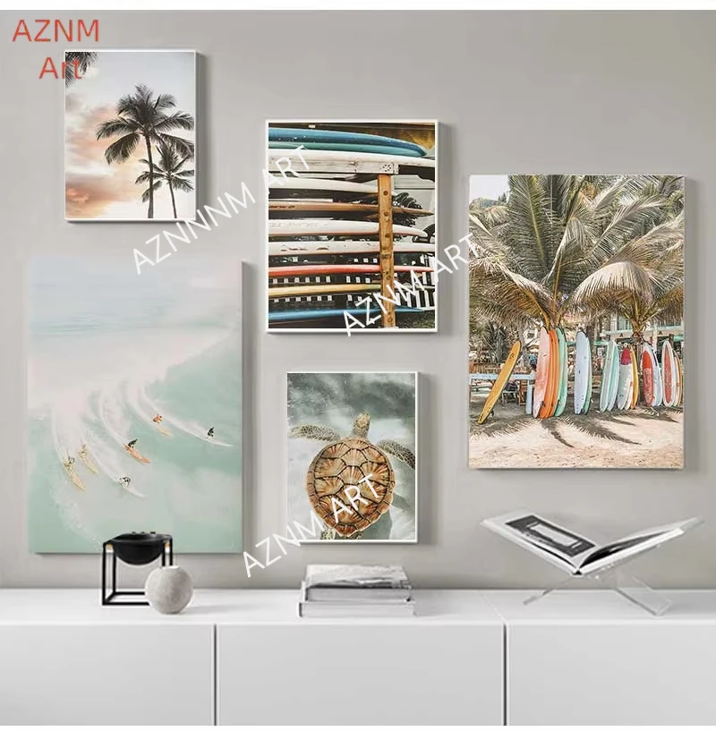 Tropical Summer Beach Shell Palm Tree Surfboard Poster Print Nordic Canvas Printing Wall Art Picture for Surfing Club Home Decor