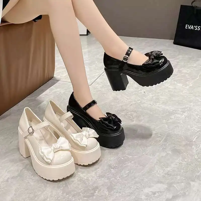 

Bow Girl's Sweet and Cool JK High-heeled Shallow Mouth Thick Soled Women's Shoes