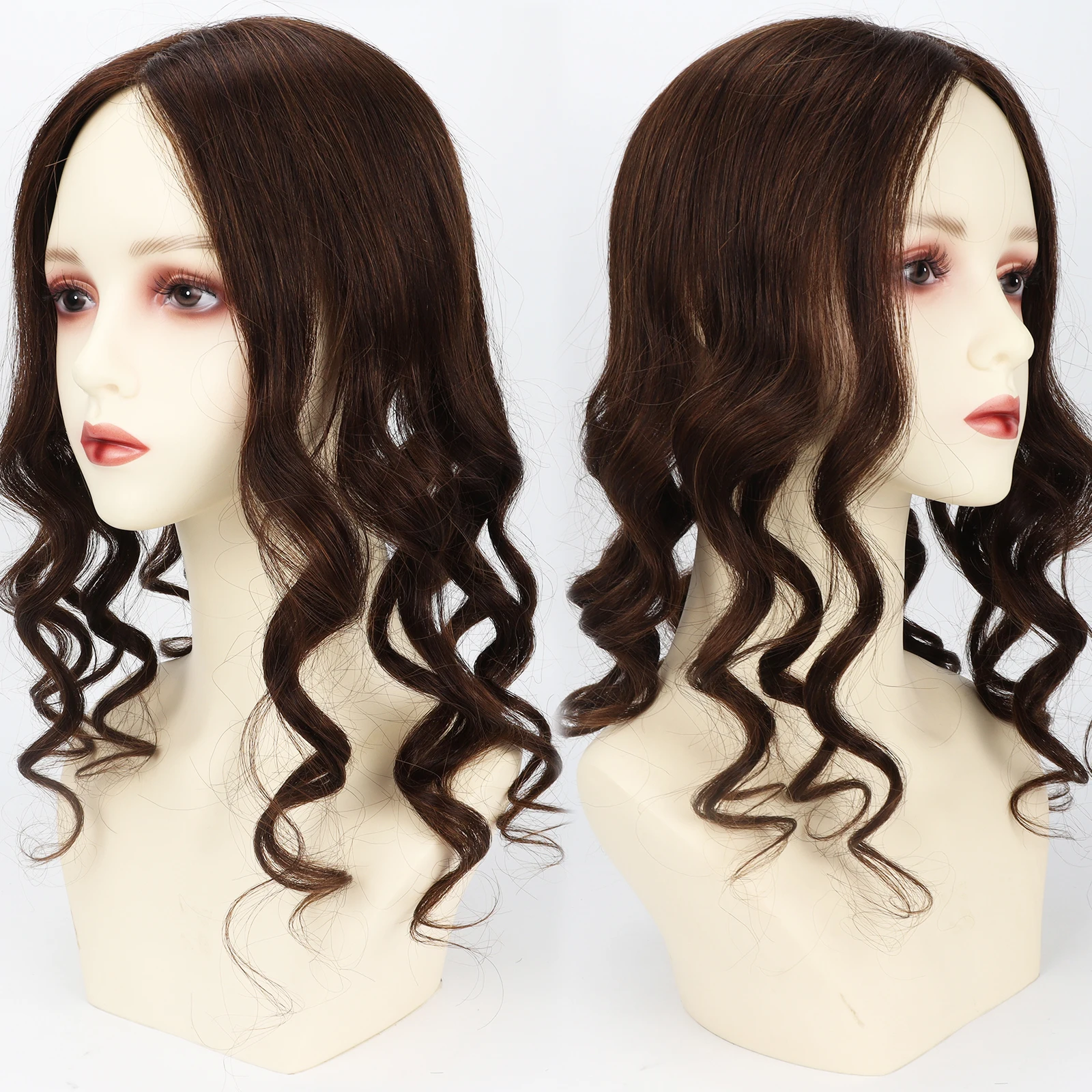 شعر بشري بني متوسط مع مشابك في قطع شعر برازيلية ريمي حقيقية للنساء، قطعة علوية حريرية مموجة فضفاضة خفيفة الوزن