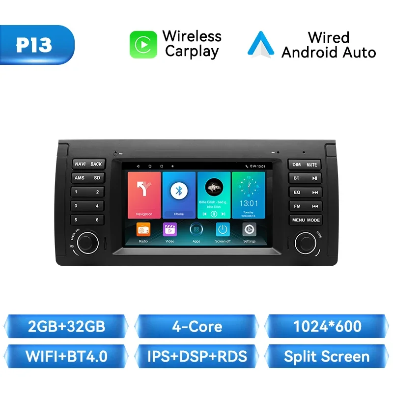 Draadloze Carplay Auto Radio Speler Voor Bmw 5 Serie E39 X 5 E53 M5 1996-2003 Android 14 Navigatie Stereo 4G Wifi 8G + 128Gb Gps Dsp