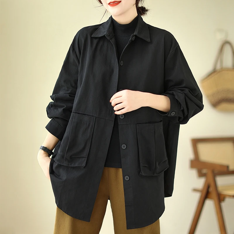 ملابس العمل الرجعية Jaet المرأة عارضة ميدي طول ربيع الخريف بالإضافة إلى حجم فضفاض اللحوم تغطي معطف طوق القطن