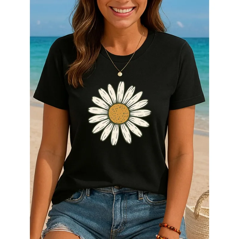 

Retro Daisy Pattern T-shirt for Women Bohemian Style Floral Casual Round Neck Short Sleeved Natural Style Casual Short Sleeved